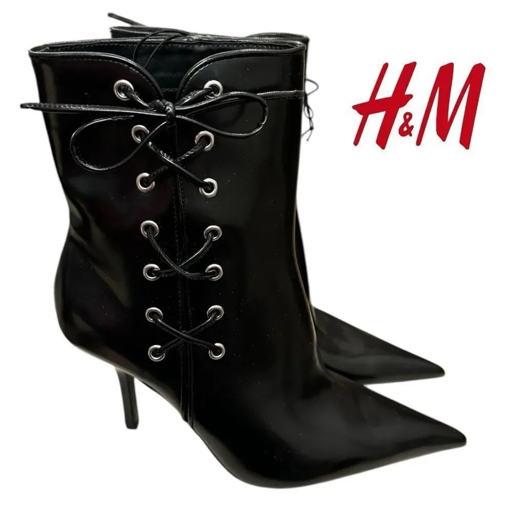 New H&M Women's Black Lacing Detail Heeled Stiletto Ankle Boots Booties 41  10
